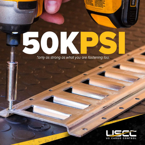 Installation of Beefy E Track Rail 5 Ft Galvanized 12 Gauge Steel for Trailers Garages and Vans, showing 50K PSI strength test.