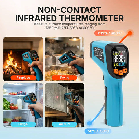 Infrared Thermometer Gun With Meat Thermometer Included, Lightning Fast 0.5 Second Readouts, Industrial Grade Sensor, Emissivity Adjustable 0.1 to 0.99, 12 to 1 Spot Ratio, Wide -58F to 1112F Range, Perfect For Grilling And BBQ Boss, blue handheld non-contact thermometer