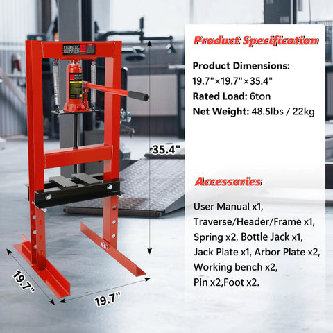 6 Ton H Frame Hydraulic Shop Press for garage floor with adjustable height and stamping plates, product specifications visible