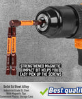Amartisan 20-piece hex bit set with magnetic tips in drill chuck, orange S2 steel bits close-up