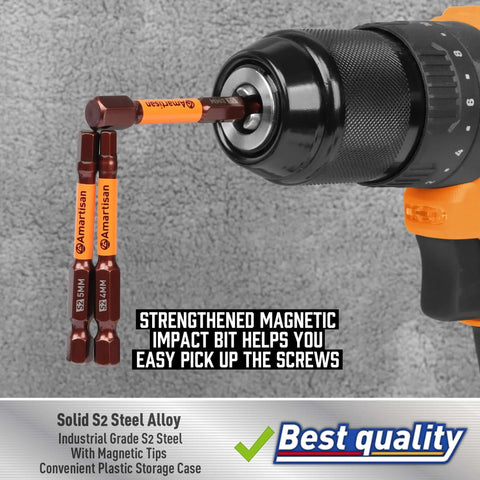 Amartisan 20-piece hex bit set with magnetic tips in drill chuck, orange S2 steel bits close-up