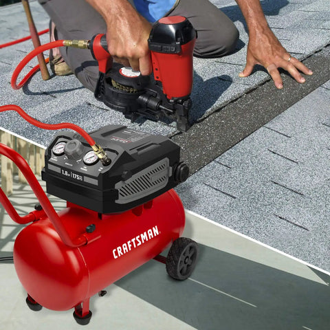 Badass 10 Gallon Oil Free Air Compressor Ultra Quiet 175 PSI Max Portable Shop Pump, red, used for roofing with nail gun.