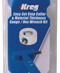 Hardcore Stop Collar And Hex Wrench Kit With Material Thickness Gauge For Pocket Hole Drill Bits Dead Simple Depth Setup For Half Three Quarter And One Half Inch Boards Real Deal in packaging with depth gauge.