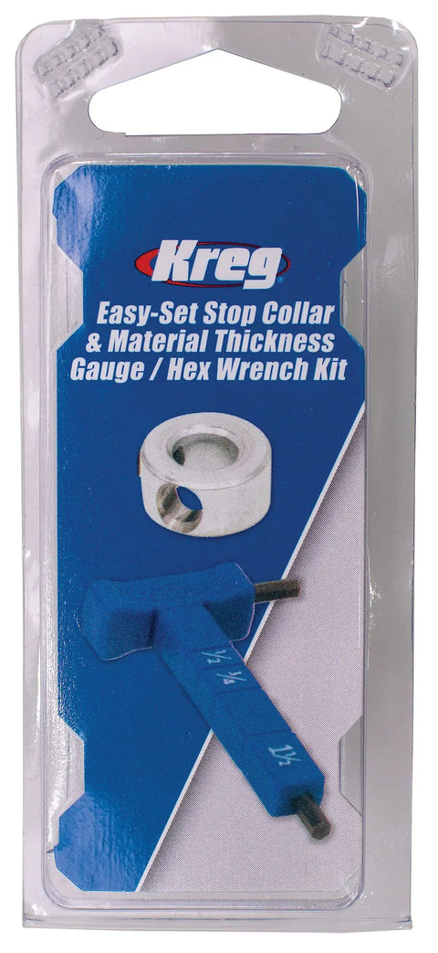 Hardcore Stop Collar And Hex Wrench Kit With Material Thickness Gauge For Pocket Hole Drill Bits Dead Simple Depth Setup For Half Three Quarter And One Half Inch Boards Real Deal in packaging with depth gauge.
