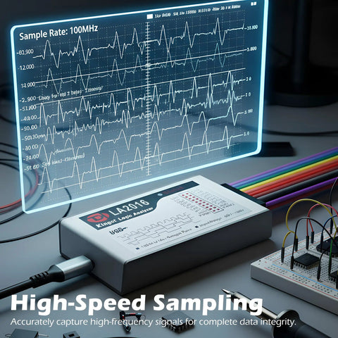 Usb Logic Analyzer With 16 Channels And 2 Pwm Channels 200MHz Sampling Rate Pc Software For Windows Mac Os And Linux Cross Platform Compatibility That Makes Debugging A Breeze, shows LA2016 device, wires, and signal graph.