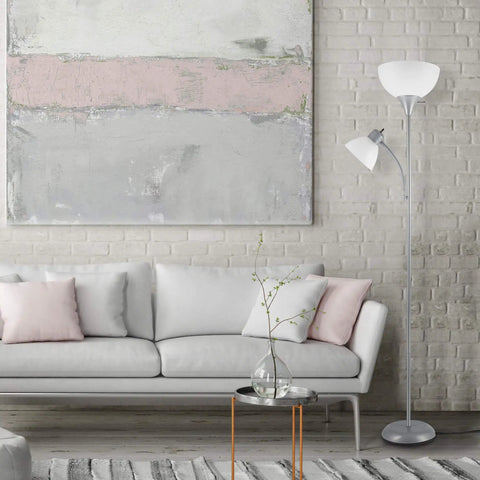 Living room with 72 Inch Floor Lamp With Adjustable Reading Light Torchiere near sofa, modern transitional design, space-saving