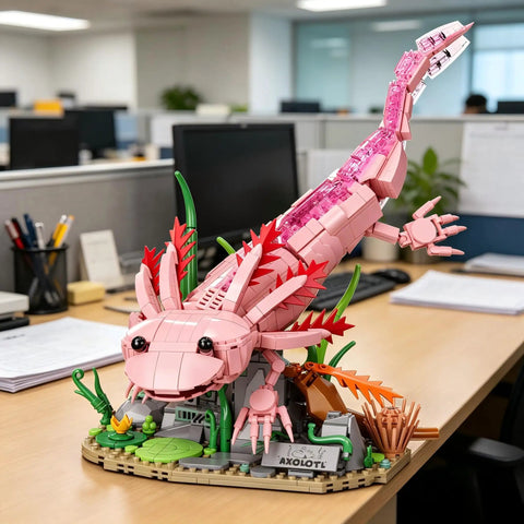 Ocean Animals Building Block Set Inspired By A Cute Amphibian, Totally Lego Compatible 998 Piece Model Kit With Movable Joints And Display Base For Home Office Desk Decor STEM Sea Toys Gift For Adults Teens And Boys 8 14 pink axolotl display model on desk