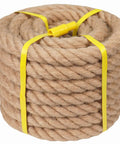 Heavy Duty Natural Hemp Rope Do It All 2 Inch Thick By 50 Feet 4 Strand Tight Twisted Jute Rope For Docks Nautical Railings Projects Tug Of War And Home Decor coiled with yellow plastic ties.