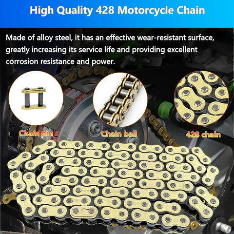 Heavy Duty 428H Dirt Bike Chain Kit With 130 Links And 6 Master Links Plus Chain Breaker For 110Cc 125Cc 150Cc 200Cc 250Cc ATV Pit Bike And Scooter Ready showing alloy steel chain components