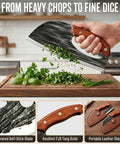 Do It All Hand Forged Chef Knife And Cleaver Set With Carbon Steel Blades chopping herbs on a wooden board