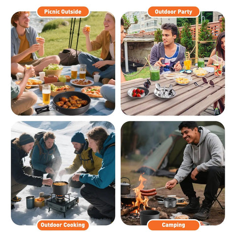 27 Piece Camping Cookware Kit For Two To Four People With Kettle Pots And Pans, Stainless Steel Utensils And Plates in outdoor settings