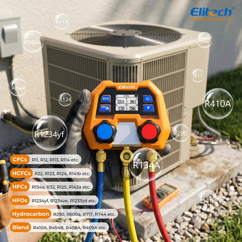 Digital HVAC Manifold Gauge Set DMG2SE With Hoses And R410A Adapters For Fast Onsite Diagnostics No Nonsense Readouts Instant High And Low Side Saturation Readouts And Precise System Troubleshooting. Orange digital manifold in hand with 3 color hoses.