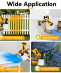 Get Smooth Finish With This Cordless Hvlp Paint Sprayer Boasting A Comfy 45 Degree Tilt Grip, shown in various applications like fences and walls.