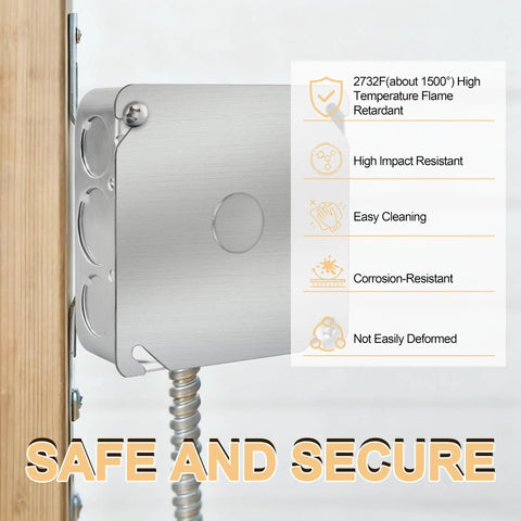 Four Inch Square Electrical Box With Cover, Rugged Galvanized Steel Junction Box, Deep Twenty One Cubic Inches, Ten Half Inch Knockouts And Six Three Quarter Inch Knockouts, Includes Cover, Ground Screw And Two Cover Screws on wall