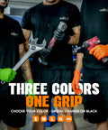 Kickass Heavy Duty 8 Mil Orange Nitrile Gloves With Diamond Textured Grip, Latex And Powder Free For Industrial Mechanic Shops, Ultra Thick Chemical Resistant Protection, 10 Pack Large worn by workers holding tools.