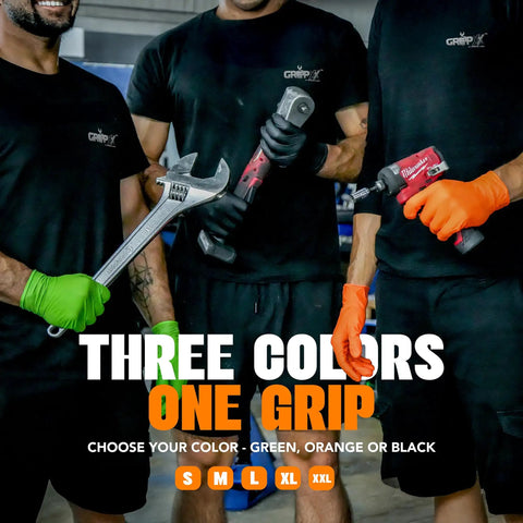 Kickass Heavy Duty 8 Mil Orange Nitrile Gloves With Diamond Textured Grip, Latex And Powder Free For Industrial Mechanic Shops, Ultra Thick Chemical Resistant Protection, 10 Pack Large worn by workers holding tools.