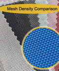 Mesh density comparison showing black waterproof vinyl mesh for patio curved hanging lounge chair and chaise lounger swinging chair
