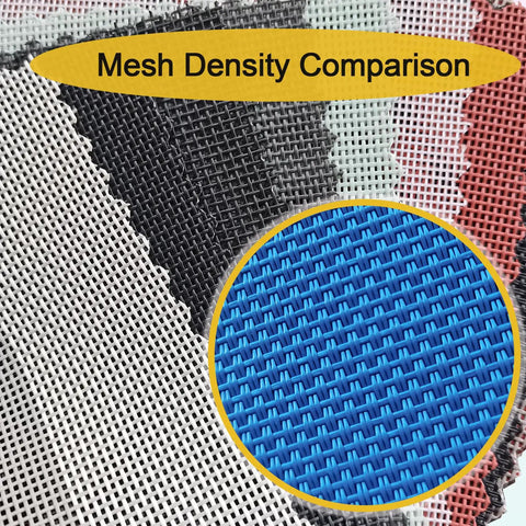 Mesh density comparison showing black waterproof vinyl mesh for patio curved hanging lounge chair and chaise lounger swinging chair