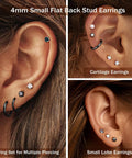 Black Flat Back Earrings For Sensitive Ears Hypoallergenic Surgical Steel Jewelry 316L Stainless Steel Nickel Free And Tarnish Resistant Comfortable All Day Wear With Opal Inlay And AAA Cubic Zirconia. 4mm flat-back studs and hoops on ear
