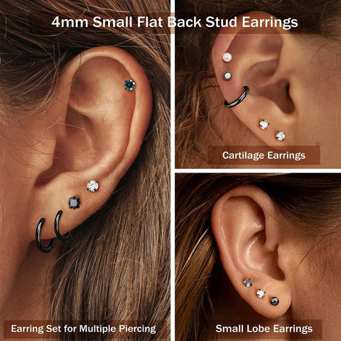 Black Flat Back Earrings For Sensitive Ears Hypoallergenic Surgical Steel Jewelry 316L Stainless Steel Nickel Free And Tarnish Resistant Comfortable All Day Wear With Opal Inlay And AAA Cubic Zirconia. 4mm flat-back studs and hoops on ear