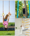 Kids playing on outdoor swing set with disc swing, adjustable rope swing, and ring hangers in backyard.
