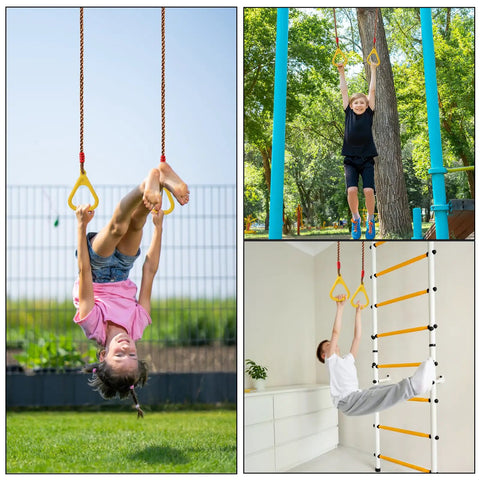 Kids playing on outdoor swing set with disc swing, adjustable rope swing, and ring hangers in backyard.