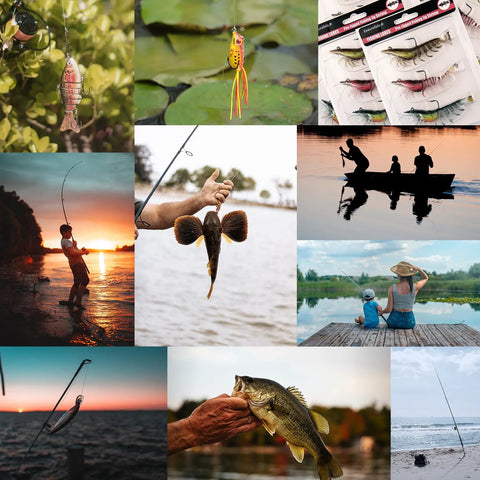 Collage of outdoor fishing scenes including casting, a caught fish, and frog lures similar to Five Piece Topwater Frog Lures Set For Freshwater Fishing Catch Bass And More Ray Frog Soft Baits In White Black Green Yellow Includes 3 Large 6cm And 2 Small 5cm Lures Weedless Bass Pike Snakehead Musky Baits With Tackle Box.