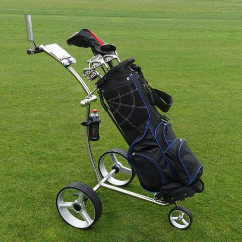 Super Chill Three Wheel Electric Golf Cart Foldable Remote Control Trolley With Heavy Duty Steel Frame on golf course.