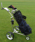 Heavy Duty Three Wheel Electric Golf Push Cart With Reliable Remote Control And Secure Cellphone Holder Lightning Fast Foldable Steel Frame, black golf bag attached.