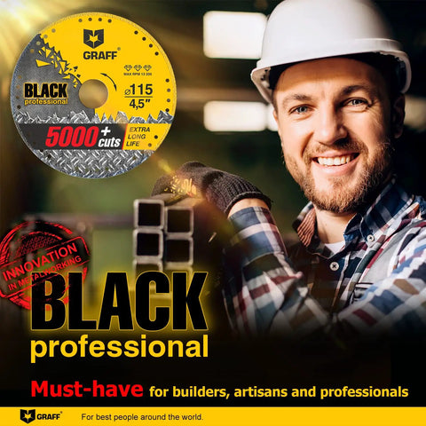 Man holding Black Diamond Cut Off Wheel 4.5 Inch For Angle Grinder Universal Metal Cutting Disc, smiling in workshop