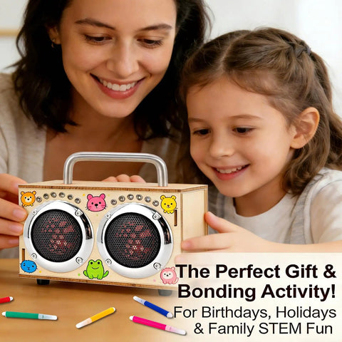 DIY Bluetooth Speaker Wooden Kit for Beginners Build Your Own Portable Speaker Science Electronics Project for Kids and Adults No Soldering Easy Setup Hands On Video Guides Perfect Camping Gift and Graduation Gift, mother and child holding assembled wooden speaker