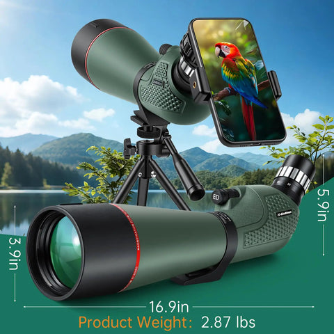 20 To 60x80 HD Spotting Scope With Waterproof Build For Long Range Viewing High Powered Telescope With Fully Multicoated Optics Crystal Clear Image And Wide Field Of View For Birding And Outdoor Adventures, on tripod with phone adapter