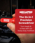 Hand holding All In One Precision Screwdriver Set 24 In 1 With Hex Shaft For Phillips Pentalobe Flat Torx and Spanner Bits Retractable Cartridge Electronics Screwdriver Kit For Gadgets And Tech Enthusiasts
