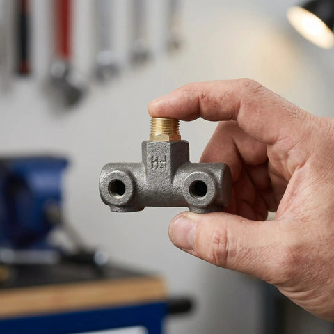 Pneumatic Cross Fitting And Inlet Mount For Air Compressors Cast Iron Four Way Manifold With One Half Inch And One Quarter Inch Male Threads Precision Machined Inner Threads All In One Air Line Junction in hand