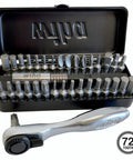Open black metal box showing 35 piece bit ratchet compact storage box set with slotted, Phillips, Square, Torx, and Hex bits