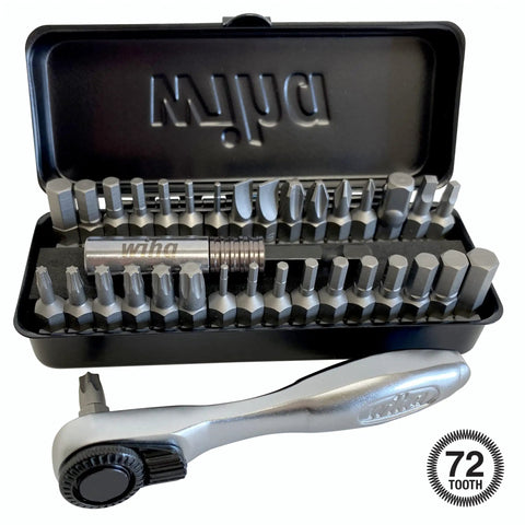 Open black metal box showing 35 piece bit ratchet compact storage box set with slotted, Phillips, Square, Torx, and Hex bits