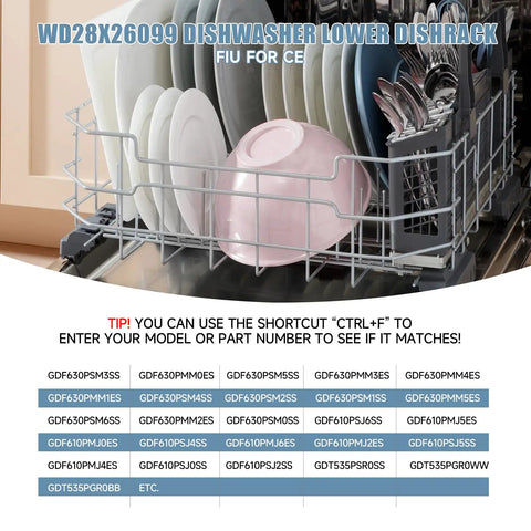 Replacement Lower Rack For GE Dishwashers That Fits WD28X34744 WD28X26099 And Other Compatible Part Numbers Durable No-Fuss Install Heavy Duty Rack For Safe Stable Dish Cleaning. Lower dishwasher rack loaded with plates, bowls, and cutlery