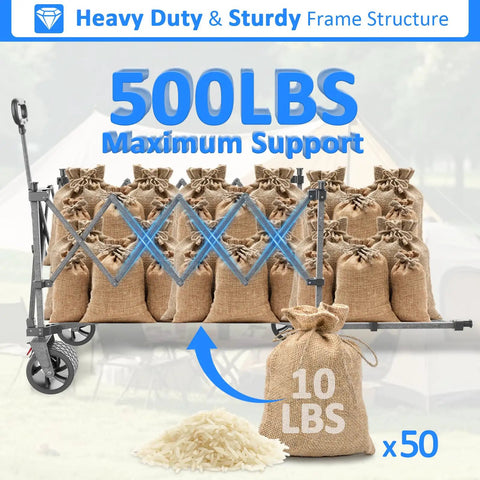 57 Inch Long Collapsible Wagon With Tailgate And Brake For Beach Gear Groceries And Outdoor Use All Terrain Big Wheels Heavy Duty Utility Cart Capable Of 500 Pounds loaded with 50 bags of 10 lbs each.