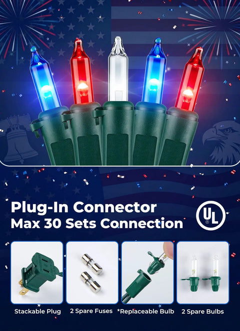 Red White Blue LED Christmas String Lights 100 Count 20 Feet Patriotic Outdoor Indoor Mini Light Set detail view