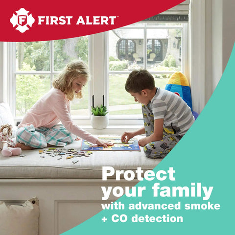 Children playing by a window illustrating the Combo Smoke And Carbon Monoxide Detector With Voice Alerts And Location Battery Operated White Dual Sensor Safety Alarm For Home With Easy Install And Audible Notifications For Fire And Gas.