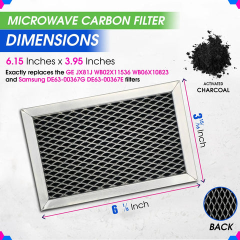 Odor Busting Microwave Charcoal Filter Replacement 6.15 x 3.95 Inches For Over The Range Ovens 2 Pack Fits JX81J WB02X11536 WB06X10823 Freshens Kitchen Air And Filters Vent Hood