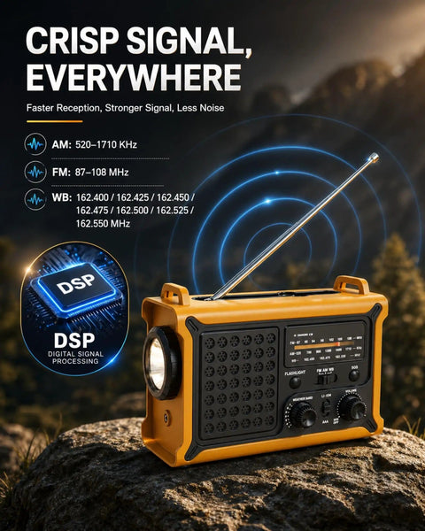 Beefed Up Emergency Weather Radio With Hand Crank Solar Power And 12000mAh Battery featuring antenna and controls on rock