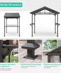 Hardtop Outdoor BBQ Grill Gazebo With Bar And Tool Hooks, Waterproof Sloped Roof, front and side view with sturdy steel structure.