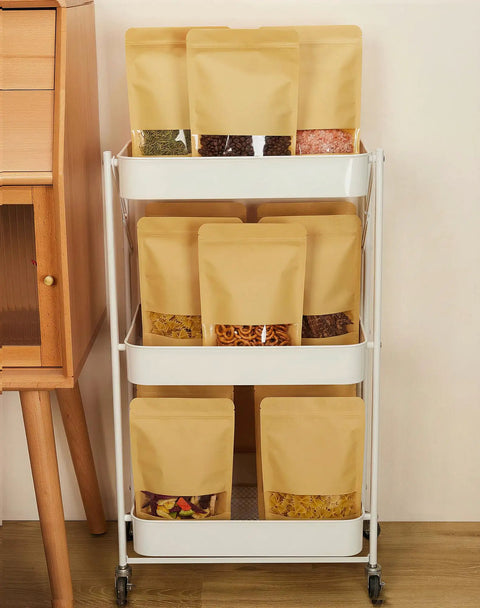 100 Pcs Kraft Stand Up Pouches With Window 3.5 By 5.5 Inch Zipper Food Storage Bags on shelf
