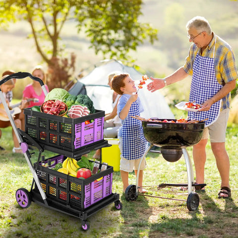 Collapsible Shopping Cart On Wheels Folding Utility Cart With 360 Degree Swivel Wheels Portable Grocery Cart With Two Storage Crates