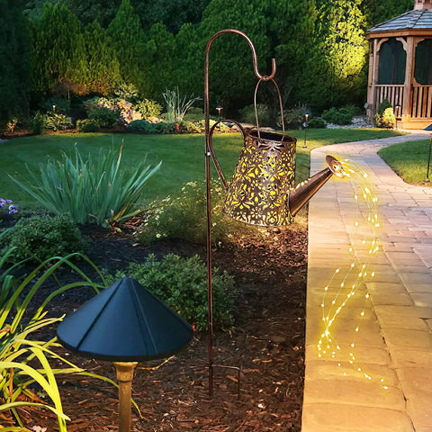 Waterproof Solar Watering Can Lights Outdoor Hanging Garden Decor for Yard with Copper Rose Pattern, 90 LED Fairy String on 37.4 Inch Hook