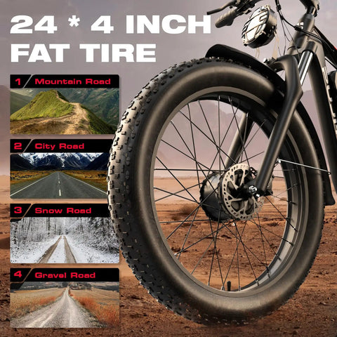 24 inch fat tire on Powerful Dual Motor 4000W Fat Tire Electric Bike With 52V 25Ah Battery for off-road surfaces