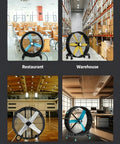 Heavy Duty Brushless Motor Industrial Floor Fan With Smooth Rolling Lockable Casters in restaurant, warehouse, gym, and office settings.