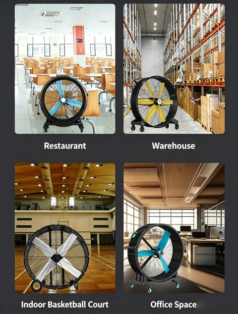 Heavy Duty Brushless Motor Industrial Floor Fan With Smooth Rolling Lockable Casters in restaurant, warehouse, gym, and office settings.