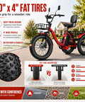 All Terrain Fat Tire Electric Tricycle For Adults With 750W Motor And Removable 48V 15.6Ah Battery, 40 To 60 Mile Range For City Cruisin And Errands, 20 Inch By 4 Inch Fat Tires, 3 Wheel E Trike, 330 Lb Payload, Heavy Duty High Carbon Steel Frame, Front view with 20x4 tires